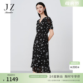 玖姿·安娜蔻优雅淑女花边系带轻薄雪纺收腰连衣裙女2024夏季 花黑 S