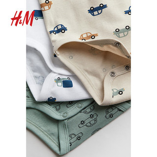 H&M童装婴儿连体衣2024夏季短袖棉质舒柔印花叠肩设计哈衣1179616 米色/车辆 100/56