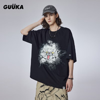 GUUKA 古由卡 潮牌猫系列可爱短袖T恤男夏 复古水洗纯棉休闲上衣宽松百搭 黑色 L