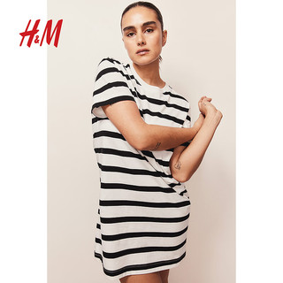 H&M2024夏季女装棉质T恤式连衣裙0841434 白色/黑色条纹039 M