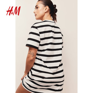 H&M2024夏季女装棉质T恤式连衣裙0841434 白色/黑色条纹039 XS