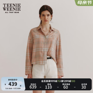 Teenie Weenie小熊2024夏季休闲格纹长袖衬衫天丝麻混纺女装 粉色 170/L
