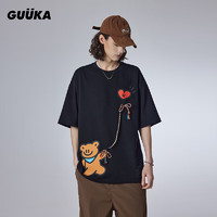 古由卡（GUUKA）xAGAHO联名小熊休闲短袖T恤男夏潮 多色童趣纯棉上衣宽松 黑色F4645 M