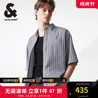 杰克·琼斯（JACK&JONES）夏季男士衬衣略宽松版型条纹休闲文艺风短袖衬衫224204037 深蓝色E40 常规 深蓝色E40 M