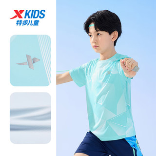 特步童装儿童运动休闲短袖圆领速干夏季短袖中大童男童短袖上衣 鲜透蓝 160cm