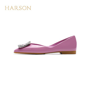 哈森2024春季漆皮夏日多巴胺系列舒适水钻方头女单鞋HS247155 樱草紫色 35