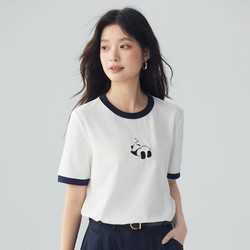 INMAN 茵曼 涼感舒適趣味熊貓繡花T恤女2024夏季時尚撞色圓領短袖上衣