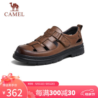 骆驼（CAMEL）舒适透气镂空牛皮革魔术贴商务凉鞋男士 G14M201610 棕色 42