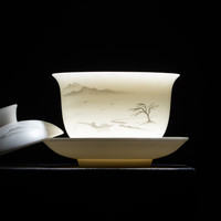 金镶玉 镶玉 羊脂玉瓷吕承明老师手绘三才盖碗功夫茶具陶瓷泡茶碗茶杯家用茶碗 吕承明独钓寒江盖碗