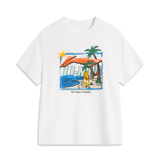 李宁童装短袖T恤男女大小童24夏季棉质基础款沙滩印花时尚上衣 标准白-2 150cm