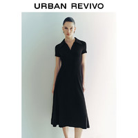 URBAN REVIVO 女装时尚气质垂感开衩中长款连衣裙 UWG740061 正黑 S