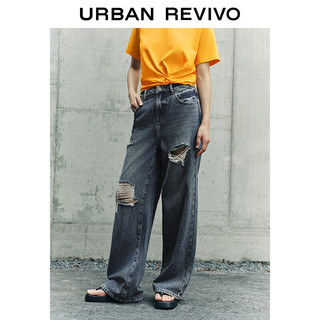 URBAN REVIVO 女士复古时髦破洞毛须阔腿牛仔牛仔裤 UWL840117 蓝色 28