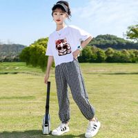 愤怒的小鸟夏季女童短袖T恤长裤套装休闲运动宽松格子墨镜猫轻薄 白色 110