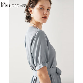 帕罗（PALUOPO）一粒扣收腰连衣裙中长款春夏纯色V领显瘦轻薄收腰V领气质女裙子 蓝灰 L(165/88A)