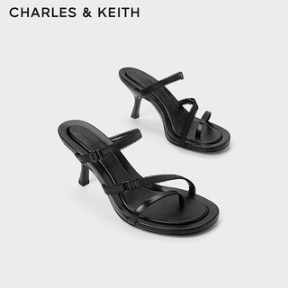CHARLES&KEITH24夏季法式缎带高跟凉鞋露趾凉拖CK1-60920377 BLACK TEXTURED黑色纹理 36