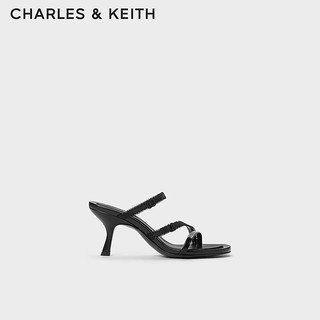 CHARLES&KEITH24夏季法式缎带高跟凉鞋露趾凉拖CK1-60920377 BLACK TEXTURED黑色纹理 36