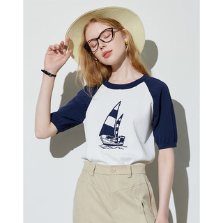 初语短袖t恤针织衫女2024夏季新款帆船提花插肩袖短款上衣打底衫