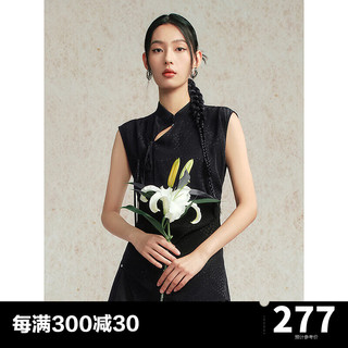 太平鸟国风新中式提花肌理感精致上衣24夏季短袖立领镂空上装 黑色 L