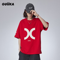 古由卡（GUUKA）潮牌多色休闲短袖T恤男夏潮 美式重磅纯棉上衣宽松易穿搭 马术红F7984 L
