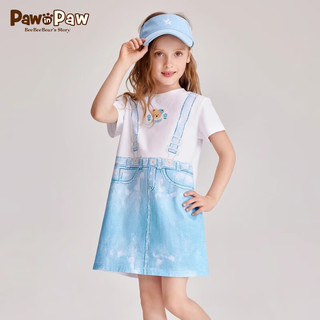 PawinPaw卡通小熊童装24年夏季新款女童纯棉背带印染连衣裙休闲 Blue蓝色/50 140