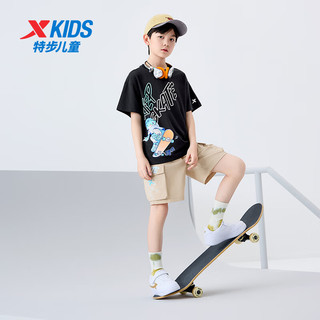 特步童装男童短袖T恤夏季儿童运动短T中大童滑板印花夏装 正黑色 140cm