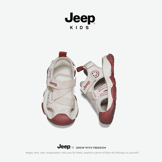 Jeep儿童凉鞋男女童包头沙滩鞋透气2024夏季镂空网鞋儿童运动鞋 朱砂红 26码 鞋内长约16.8cm