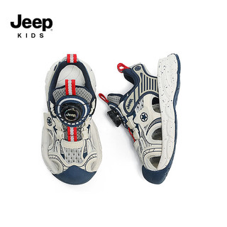 Jeep吉普童鞋男童夏季包头运动凉鞋2024年夏款旋钮扣鞋女童户外沙滩鞋 深蓝红 33码 内长21.4CM