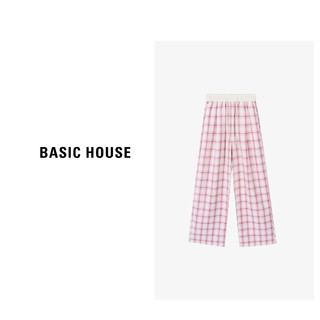 Basic House/百家好春夏高腰直筒休闲女士格子长裤- B0624H5Y682 粉格 S85-100斤