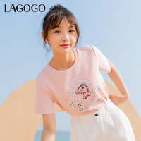 lagogo拉谷谷粉色卡通印花夏日多巴胺T恤女夏季正肩短袖甜美 粉红色(H8) 160/M/38