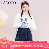lagogo拉谷谷卡通猫圆领宽松学院风T恤女夏季设计感甜美短袖 本白色(V1) 160/M/38