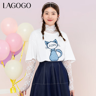 lagogo拉谷谷卡通猫圆领宽松学院风T恤女夏季设计感甜美短袖 本白色(V1) 160/M/38