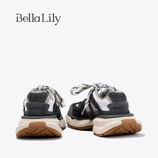 Bella Lily2024春季牛仔布炸街老爹鞋女潮流运动鞋时尚休闲鞋 黑色 36
