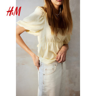 H&M女装牛仔裤2024夏季棉质舒适阔腿设计高腰微喇长裤0871889 奶油色 160/68 36
