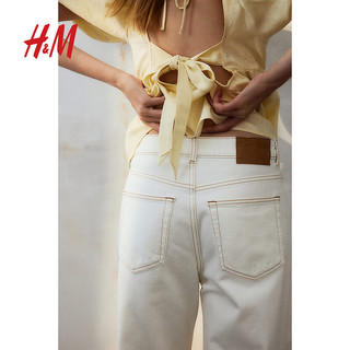 H&M女装牛仔裤2024夏季棉质舒适阔腿设计高腰微喇长裤0871889 奶油色 160/68 36