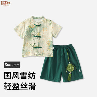 男童新中式汉服夏季薄款套装儿童雪纺唐装夏装国潮款短袖短裤童装