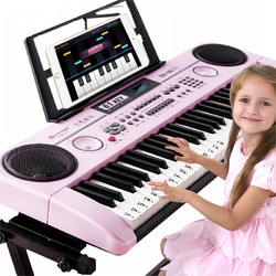 QIAO WA BAO BEI 俏娃宝贝 电子琴儿童初学者入门女孩玩具61键多功能智能教学琴 灯光版重锤感键+升降琴架+粉色