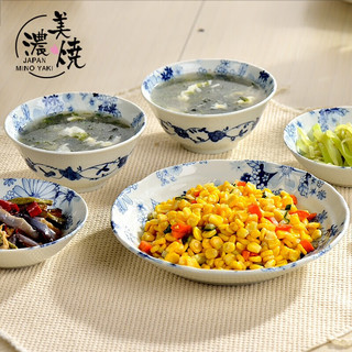 美浓烧 日式餐具青花浮雕汤碗手绘碗寿司家用饭碗花集系列 HT-14大盘【22.3CM*4.0CM】