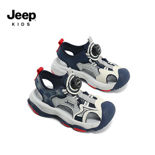 Jeep吉普女童包头凉鞋2024夏季男童鞋子防滑软底儿童运动沙滩鞋 深蓝红 38码 鞋内长约24.5cm