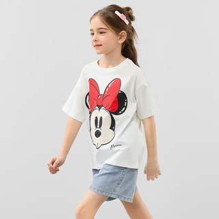 迪士尼童装女童卡通米妮短袖T恤2024年夏季儿童女孩宝宝半袖洋气 本白 100