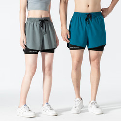 凯罗盾夏季男士运动短裤情侣假两件三分跑步训练健身内衬美式二合一短裤 湖兰色 XL