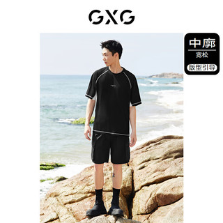 GXG男装    撞色拼接设计时尚复古圆领短袖T恤男上衣24年夏季 黑色 165/S