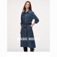 BASICHOUSE 百家好 Basic House/百家好复古牛仔连衣裙女2024春季新款收腰显瘦长裙