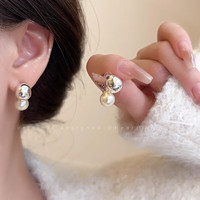 Trendolla 金银豆豆后挂式珍珠耳环女设计感一款两戴耳钉简约耳饰品