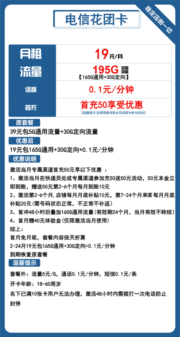 CHINA TELECOM 中国电信 花团卡 两年19元月租 （195G国内流量+首月免租+10元E卡）赠筋膜抢一把