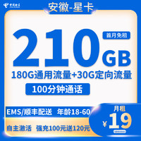 中国电信 CHINA TELECOM 安徽星卡 19元月租 （210G全国流量+100分钟通话+自助激活）赠电风扇/一台