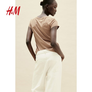 H&M女装T恤2024夏季柔软棉质圆领修身简约打底短袖上衣1211595 深米色 165/96