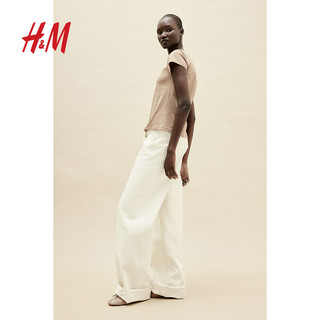 H&M女装T恤2024夏季柔软棉质圆领修身简约打底短袖上衣1211595 深米色 165/96