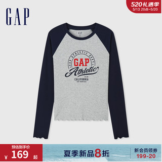 Gap女装2024夏季logo花边撞色插肩袖T恤女友T长袖上衣A00727 灰色 155/76A (XS) 亚洲尺码