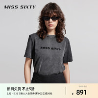 MISS SIXTY2024夏季新款短袖T恤女圆领字母破洞做旧感复古废土风