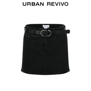URBAN REVIVO 夏季女装甜酷风可拆卸腰带洗水牛仔半裙 UWV840175 正黑 M